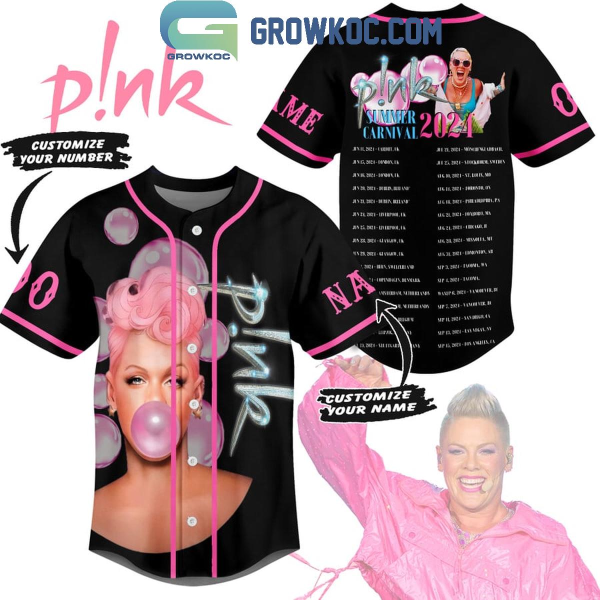 Pink Summer Carnival Tour 2024 Schedule Personalized Baseball Jersey Black Version Unisex T-shirt, Sweatshirt, Hoodie, Long Sleeve Tee - T-Shirt, Sweatshirt, Hoodie
