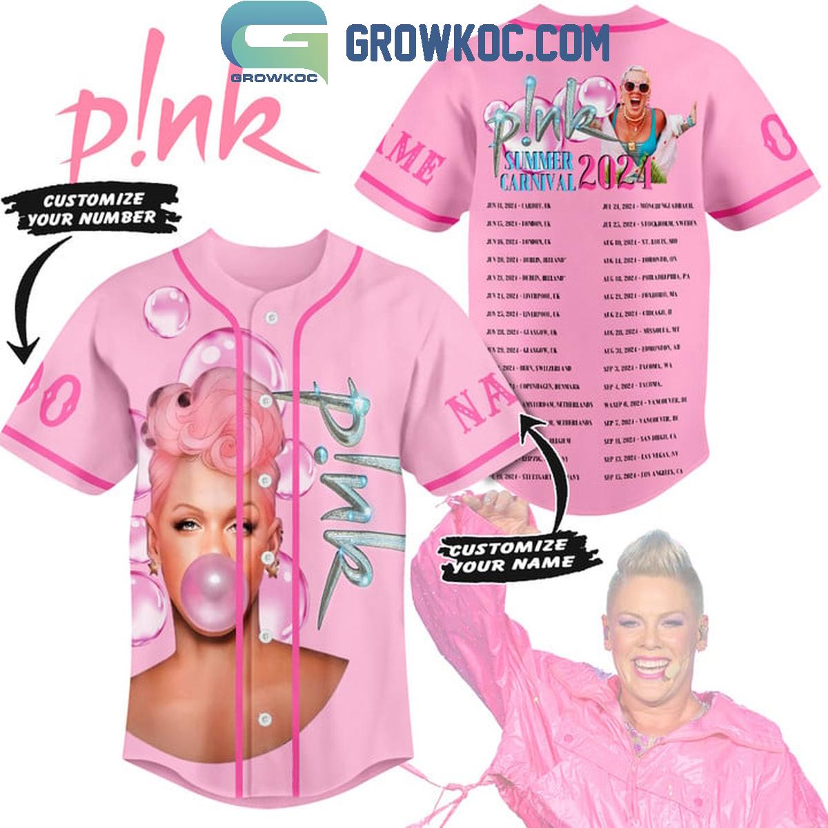 Pink Summer Carnival Tour 2024 Schedule Pink Design Personalized Baseball Jersey Unisex T-shirt, Sweatshirt, Hoodie, Long Sleeve Tee - T-Shirt, Sweatshirt, Hoodie