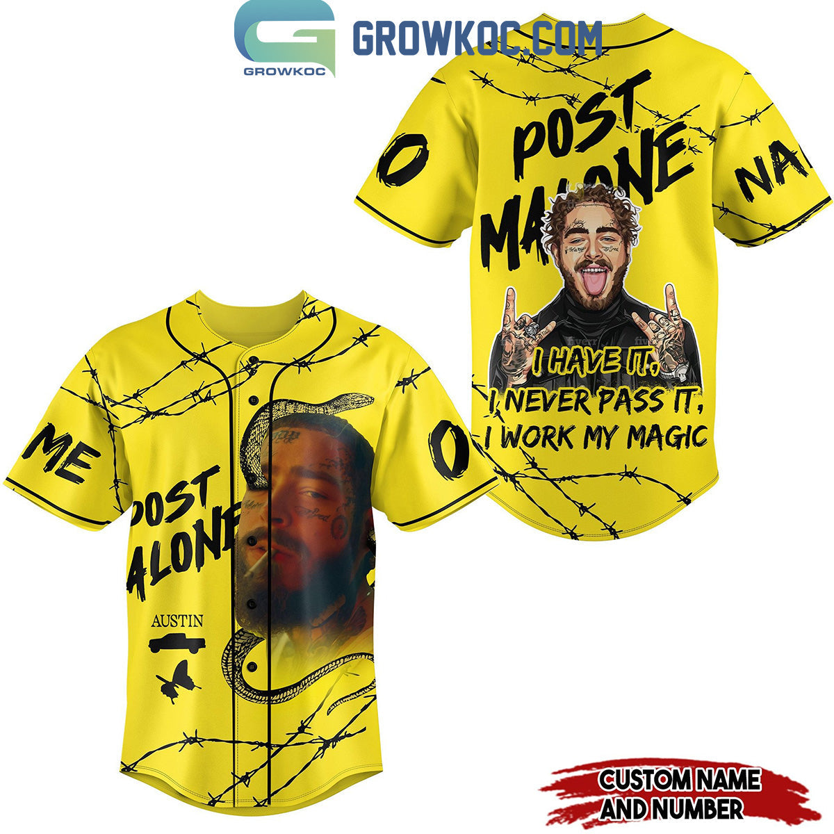 Post Malone I Have It I Work My Magic Personalized Baseball Jersey Yellow Design Unisex T-shirt, Sweatshirt, Hoodie, Long Sleeve Tee - T-Shirt, Sweatshirt, Hoodie