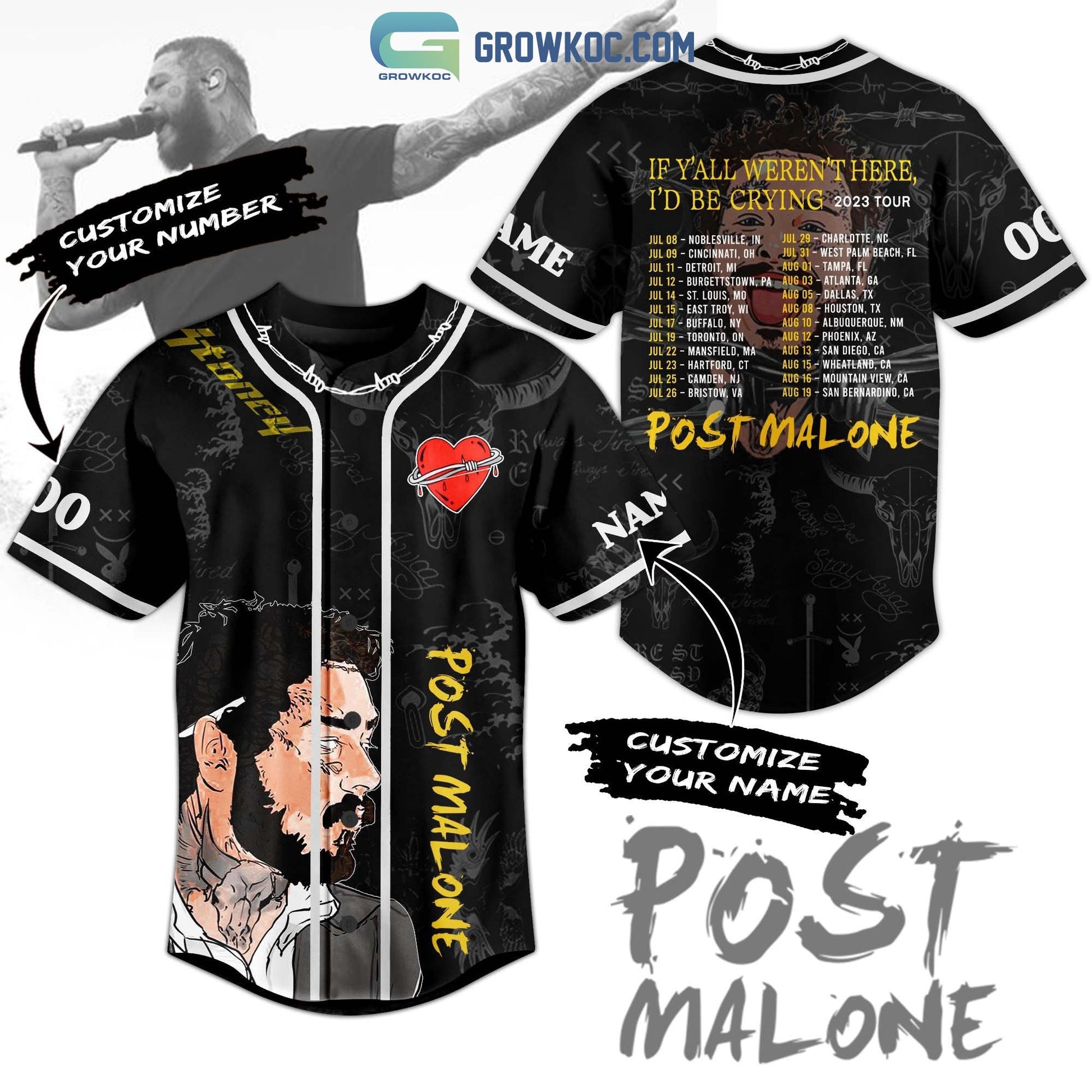 Post Malone If YAll Werent Here ID Be Crying 2023 Tour Personalized Baseball Jersey Unisex T-shirt, Sweatshirt, Hoodie, Long Sleeve Tee - T-Shirt, Sweatshirt, Hoodie