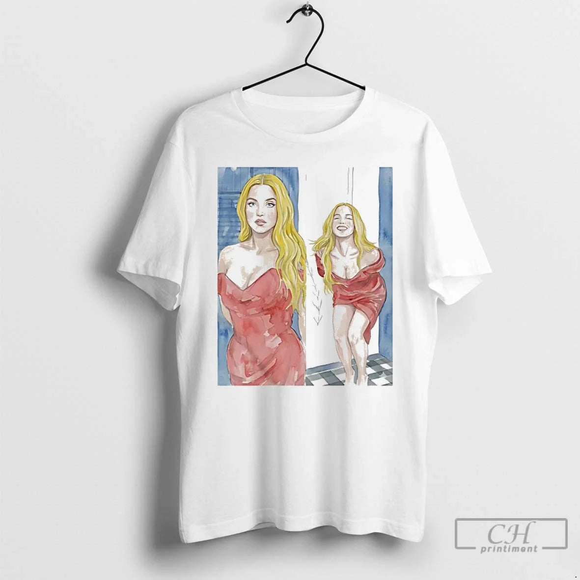 Sydney Sweeney Red Dress Watercolor Art T-Shirts, Hoodie, Sweatshirt - T-Shirt, Sweatshirt, Hoodie