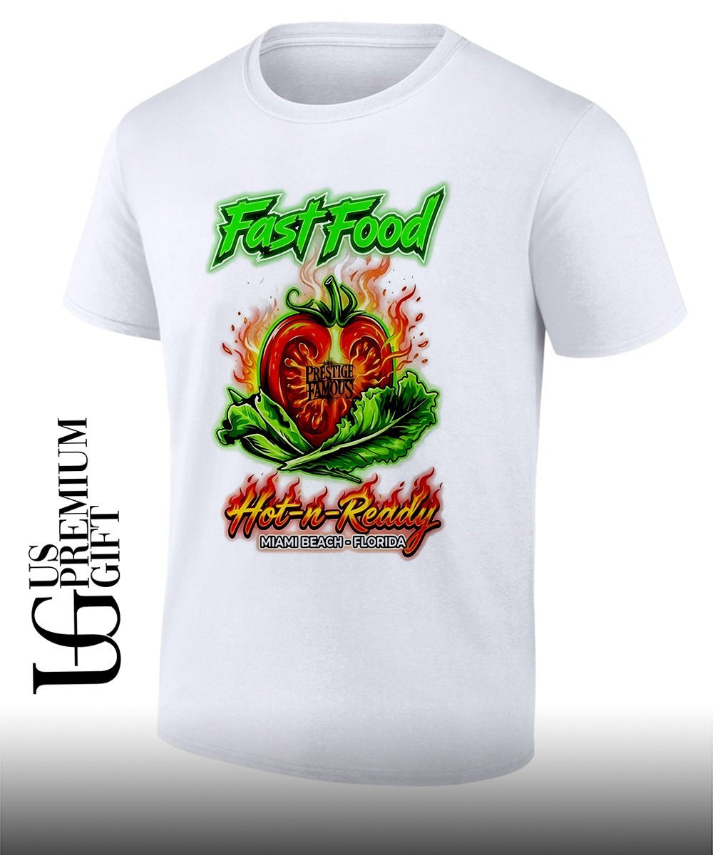 Prestige Famous Fast Food Hot n Ready Miami Beach Florida tomato lettuce shirt Unisex T-shirt, Sweatshirt, Hoodie, Long Sleeve Tee - T-Shirt, Sweatshirt, Hoodie
