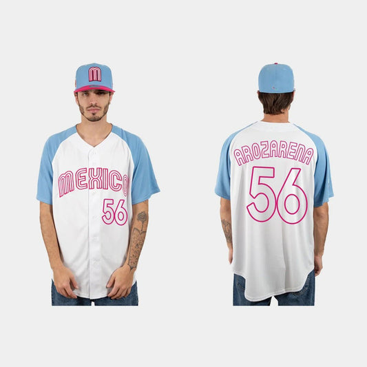 #56 RANDY AROZARENA MEXICO BASEBALL 2023 WORLD BASEBALL CLASSIC JERSEY ¨C WHITE BLUE Stitches Baseball Jerseys baseball jersey product view 1