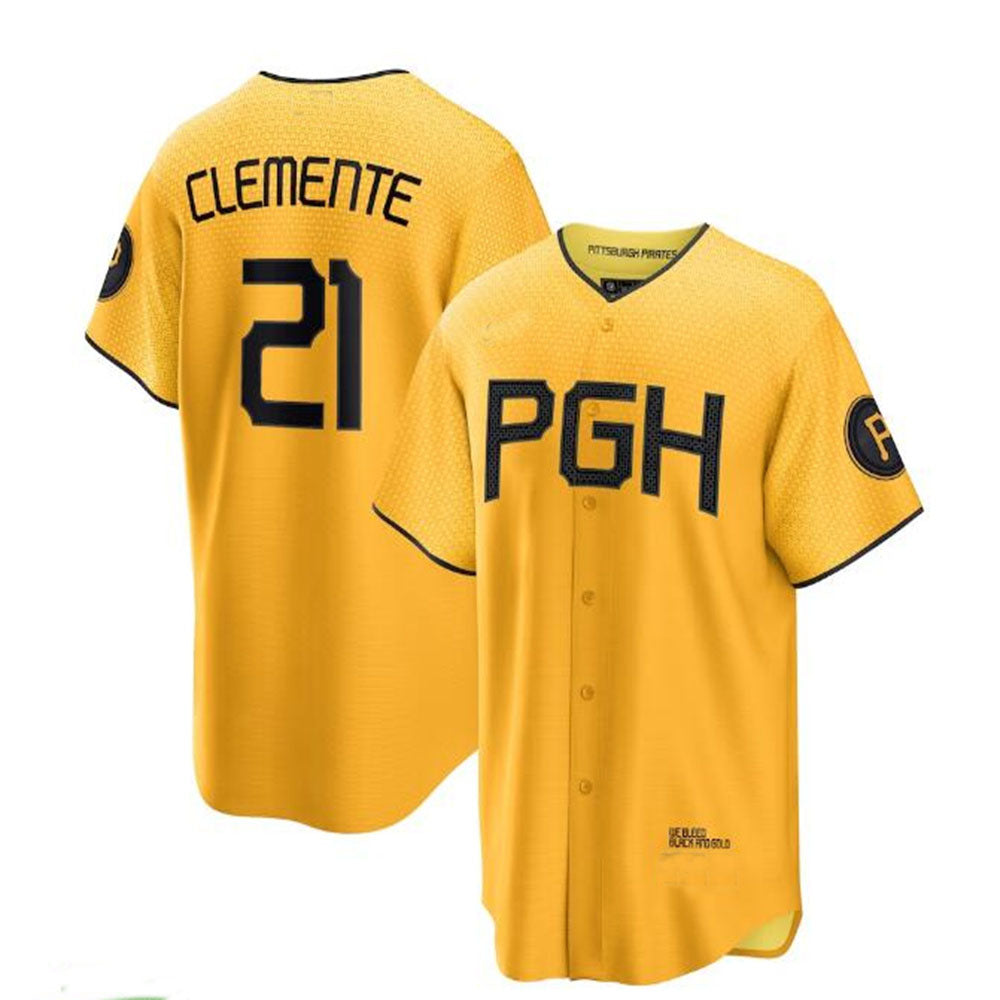 Pittsburgh Pirates #21 Roberto Clemente 2023 City Connect Replica Player Jersey - Gold Baseball Jerseys baseball jersey product view 1