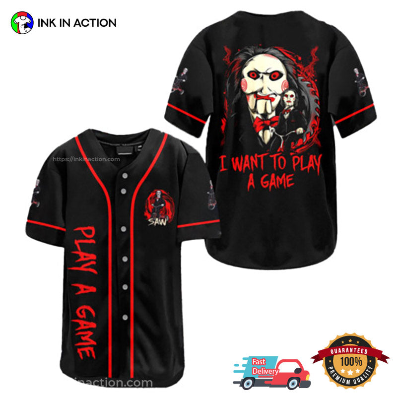 Saw Jigsaw I Want To Play A Game Halloween Baseball Jersey Outfit Mens Unisex T-shirt, Sweatshirt, Hoodie, Long Sleeve Tee - T-Shirt, Sweatshirt, Hoodie