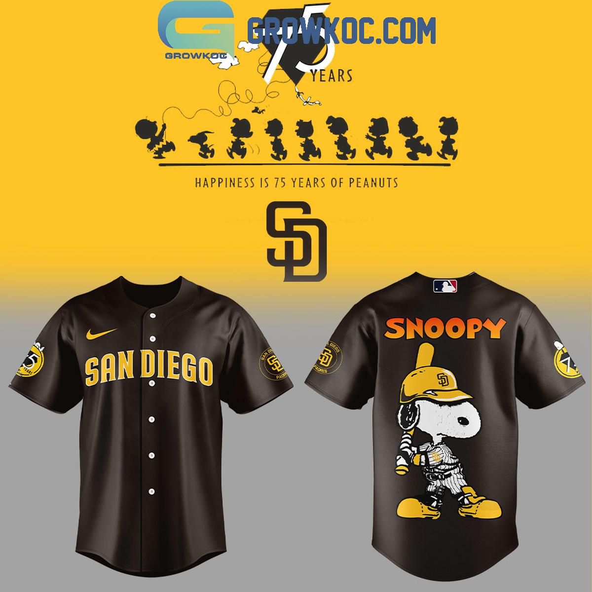 San Diego Padres Happiness Is 75 Years Of Peanuts Baseball Jersey Unisex T-shirt, Sweatshirt, Hoodie, Long Sleeve Tee - T-Shirt, Sweatshirt, Hoodie