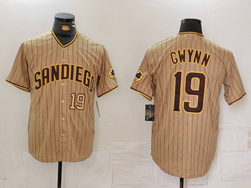 San Diego Padres #19 Tony Gwynn Khaki Team Logo Stitched Cool Base Baseball Jersey baseball jersey product view 1