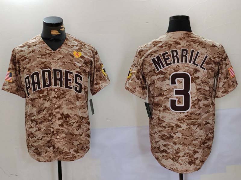 San Diego Padres #3 Jackson Merrill Camo With PS Patch Cool Base Stitched Baseball Jersey baseball jersey product view 1