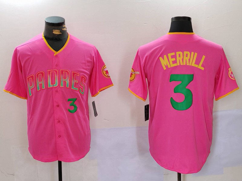 San Diego Padres #3 Jackson Merrill Pink Player Number Fashion Baseball Jersey baseball jersey product view 1