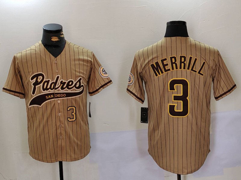 San Diego Padres #3 Jackson Merrill Tan 2023 Cool Base Stitched Baseball Jersey baseball jersey product view 1