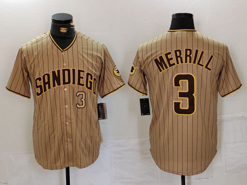 San Diego Padres #3 Jackson Merrill Tan NEW 2023 Cool Base Stitched Baseball Jersey baseball jersey product view 1