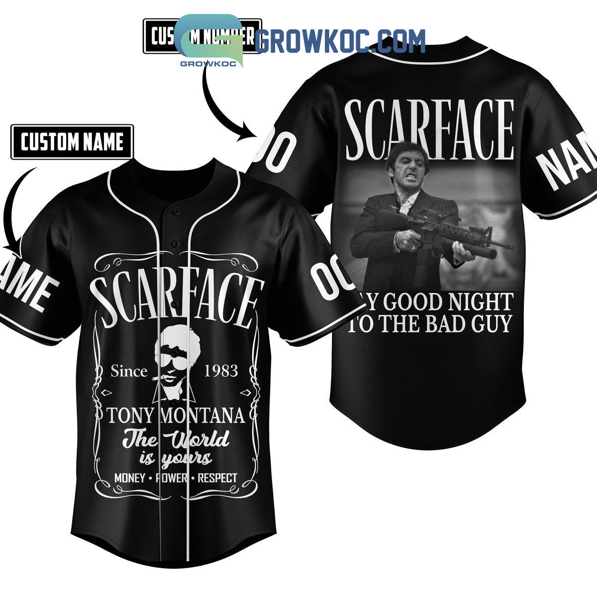 Scarface Tony Montana Say Good Night To The Bad Guy Personalized Baseball Jersey Unisex T-shirt, Sweatshirt, Hoodie, Long Sleeve Tee - T-Shirt, Sweatshirt, Hoodie