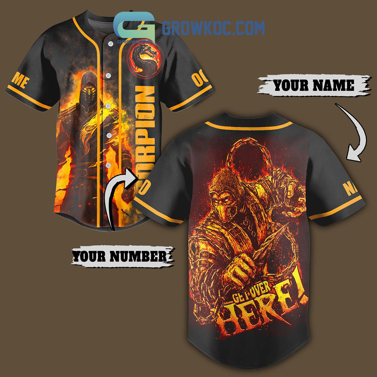 Scorpion Get Over Here Personalized Baseball Jersey Unisex T-shirt, Sweatshirt, Hoodie, Long Sleeve Tee - T-Shirt, Sweatshirt, Hoodie