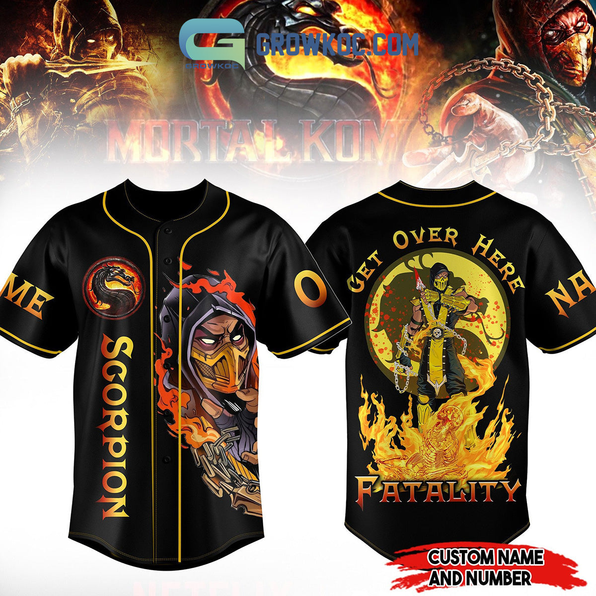 Scorpion Mortal Kombat Get Over Here Fatality Personalized Baseball Jersey Unisex T-shirt, Sweatshirt, Hoodie, Long Sleeve Tee - T-Shirt, Sweatshirt, Hoodie