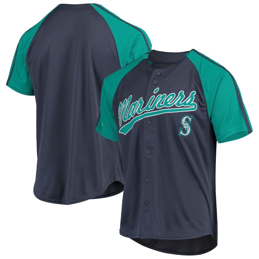 Seattle Mariners Stitches Navy Button-Down Raglan Replica Jersey Baseball Jerseys baseball jersey product view 1