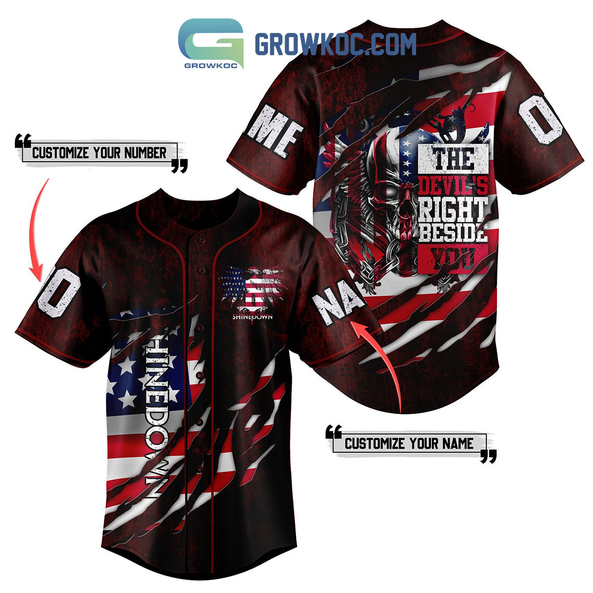 Shinedown The Devils Right Beside You Red Personalized Baseball Jersey Unisex T-shirt, Sweatshirt, Hoodie, Long Sleeve Tee - T-Shirt, Sweatshirt, Hoodie