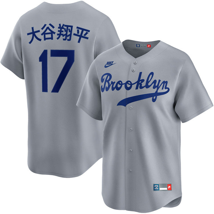Shohei Ohtani Kanji Los Angeles Dodgers Cooperstown Brooklyn Road Jersey - Gray baseball jersey product view 1