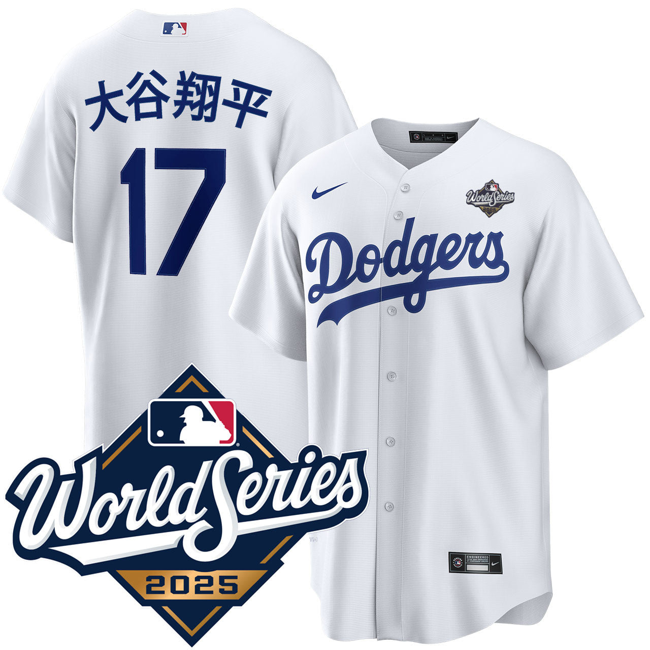Shohei Ohtani Kanji Los Angeles Dodgers Home 2025 World Series Jersey - White baseball jersey product view 1