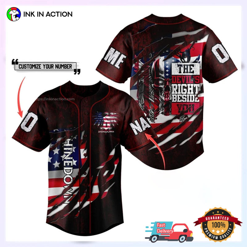 Custom The Devils Right Beside You US Flag Baseball Jersey, Shinedown Merch Unisex T-shirt, Sweatshirt, Hoodie, Long Sleeve Tee - T-Shirt, Sweatshirt, Hoodie