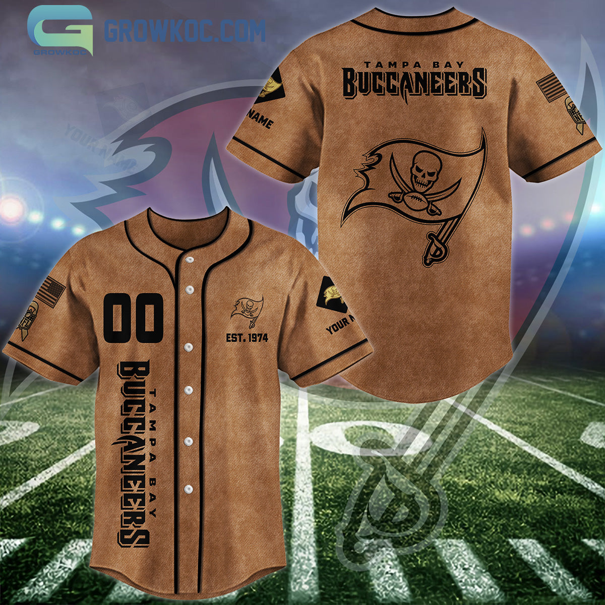 Tampa Bay Buccaneers Brown American Flag Personalized Baseball Jersey Unisex T-shirt, Sweatshirt, Hoodie, Long Sleeve Tee - T-Shirt, Sweatshirt, Hoodie