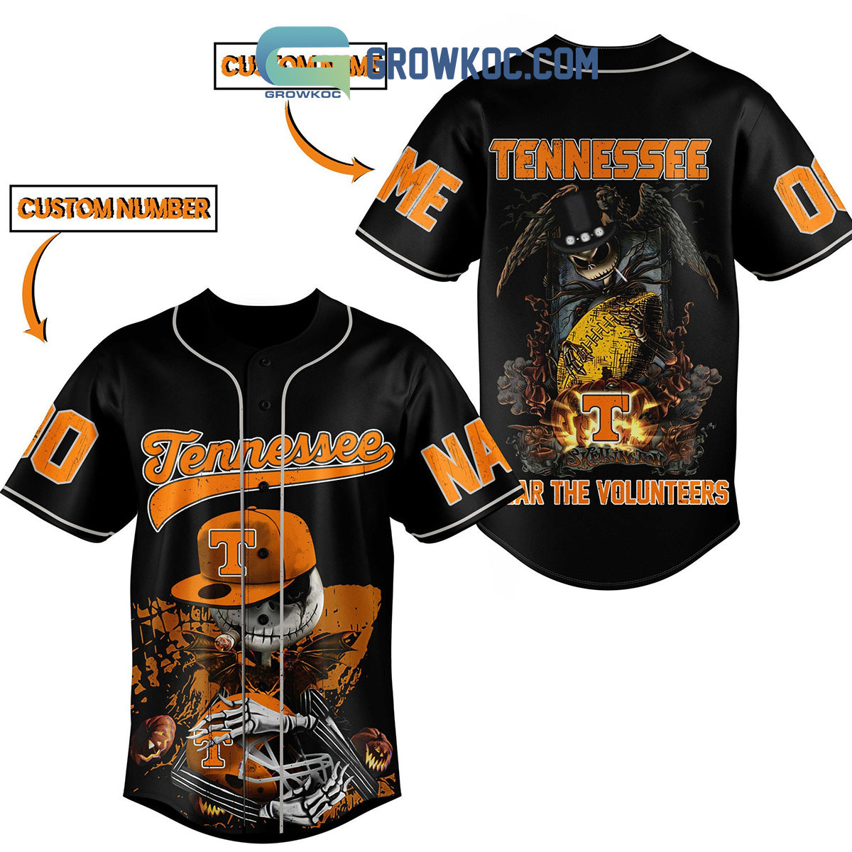Tennessee Fear The Volunteers Jack Skellington Halloween Personalized Baseball Jersey Unisex T-shirt, Sweatshirt, Hoodie, Long Sleeve Tee - T-Shirt, Sweatshirt, Hoodie