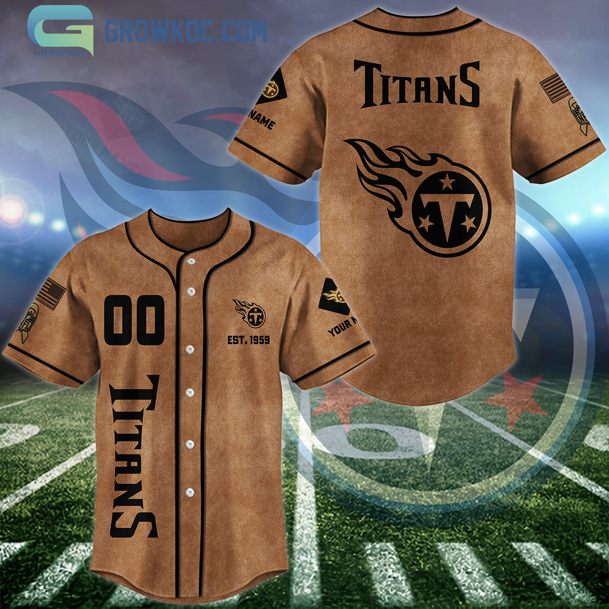 Tennessee Titans Brown American Flag Personalized Baseball Jersey Unisex T-shirt, Sweatshirt, Hoodie, Long Sleeve Tee - T-Shirt, Sweatshirt, Hoodie