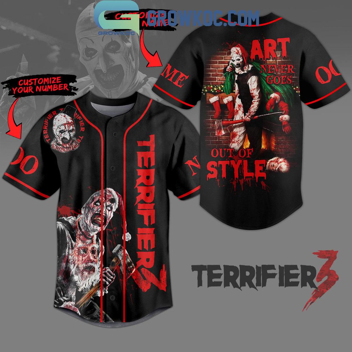 Terrifier 3 Art Never Goes Out Of Styles Personalized Baseball Jersey Unisex T-shirt, Sweatshirt, Hoodie, Long Sleeve Tee - T-Shirt, Sweatshirt, Hoodie