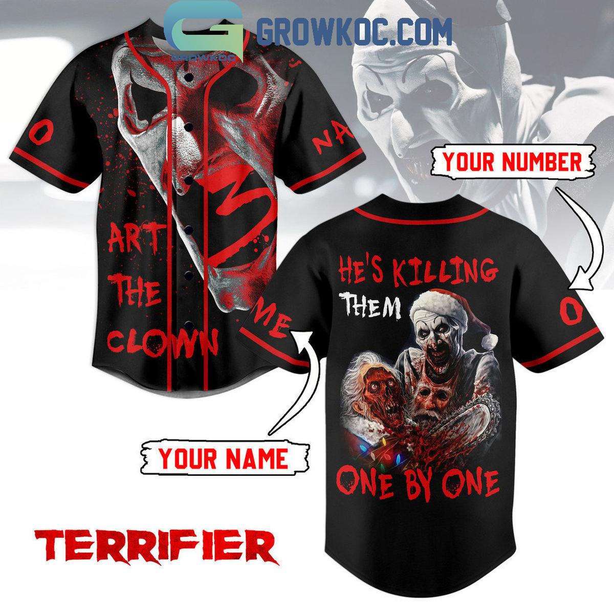 Terrifier 3 Hes Killing Them One By One Personalized Baseball Jersey Unisex T-shirt, Sweatshirt, Hoodie, Long Sleeve Tee - T-Shirt, Sweatshirt, Hoodie