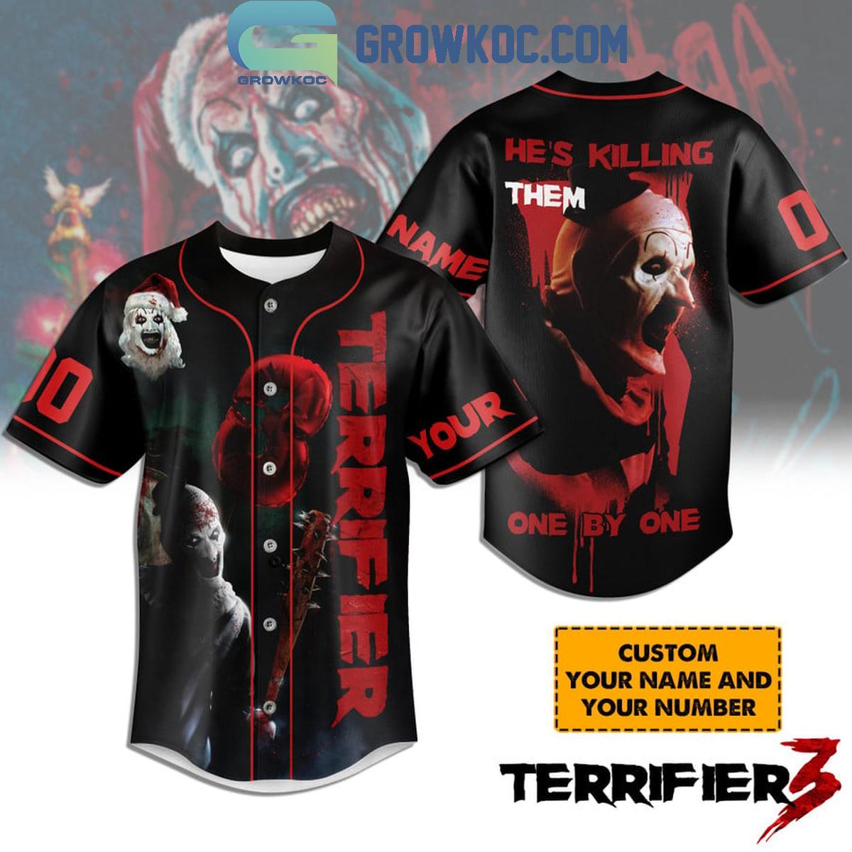 Terrifier Art The Clown He Is Killing Them Personalized Baseball Jersey Unisex T-shirt, Sweatshirt, Hoodie, Long Sleeve Tee - T-Shirt, Sweatshirt, Hoodie