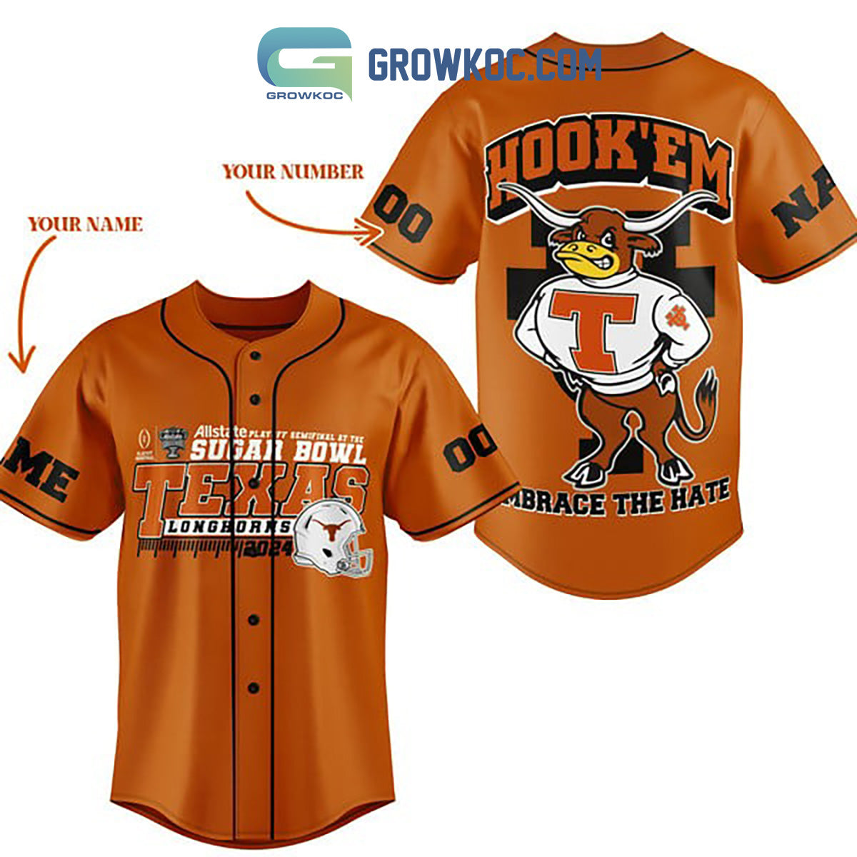 Texas Longhorns Embrace The Hate Personalized Baseball Jersey Unisex T-shirt, Sweatshirt, Hoodie, Long Sleeve Tee - T-Shirt, Sweatshirt, Hoodie