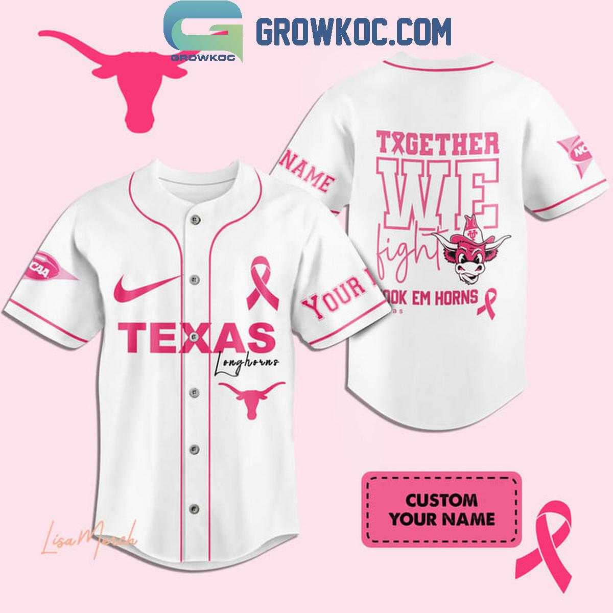 Texas Longhorns Together We Fight Breast Cancer Personalized Baseball Jersey Unisex T-shirt, Sweatshirt, Hoodie, Long Sleeve Tee - T-Shirt, Sweatshirt, Hoodie