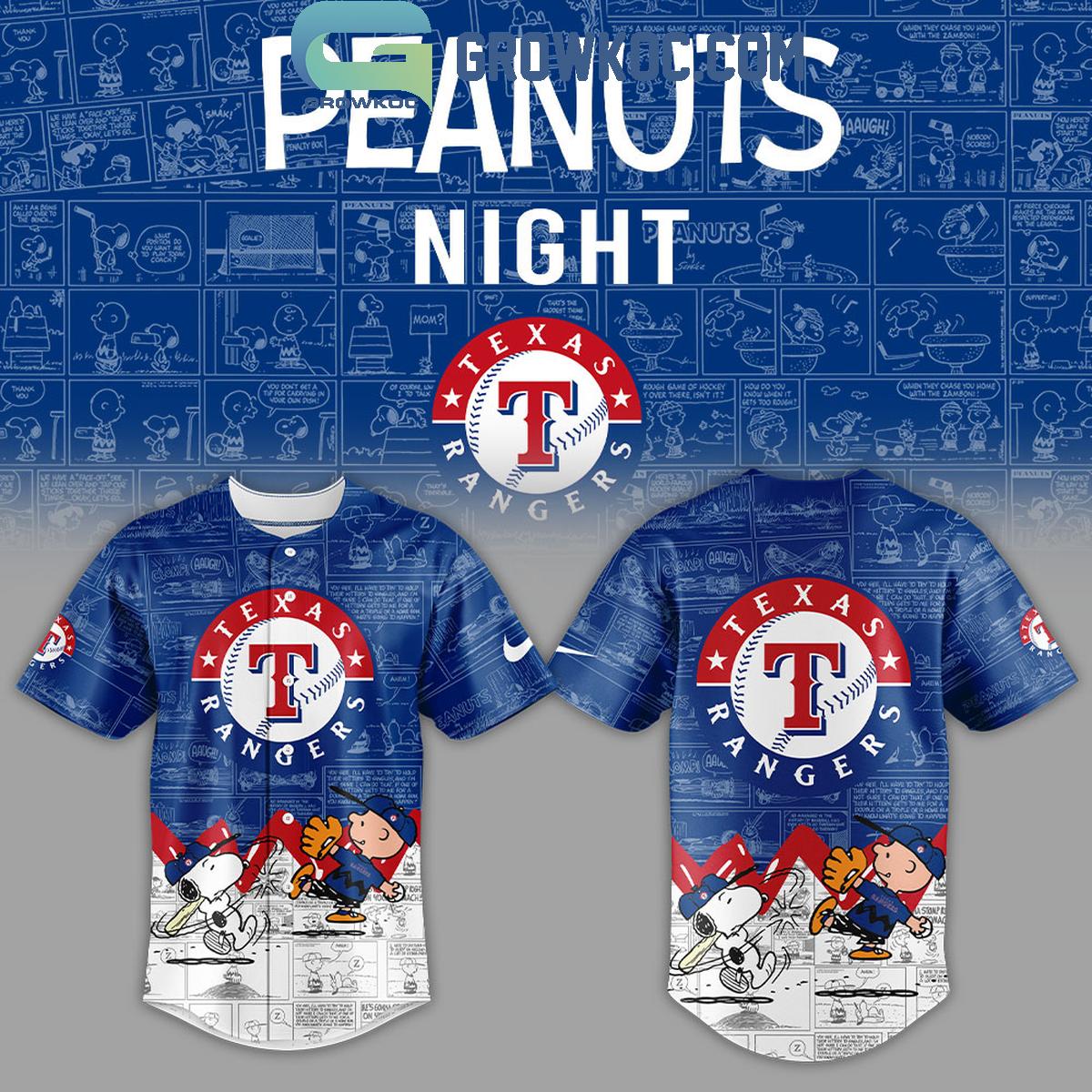 Texas Rangers Peanuts 75th Anniversary Baseball Jersey Unisex T-shirt, Sweatshirt, Hoodie, Long Sleeve Tee - T-Shirt, Sweatshirt, Hoodie