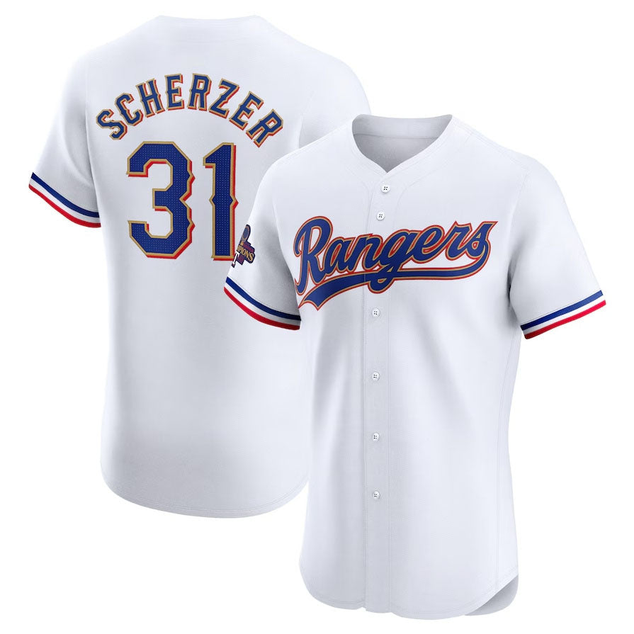 Texas Rangers #31 Max Scherzer 2024 Gold Collection Elite Player Jersey ¨C White Baseball Jerseys baseball jersey product view 1