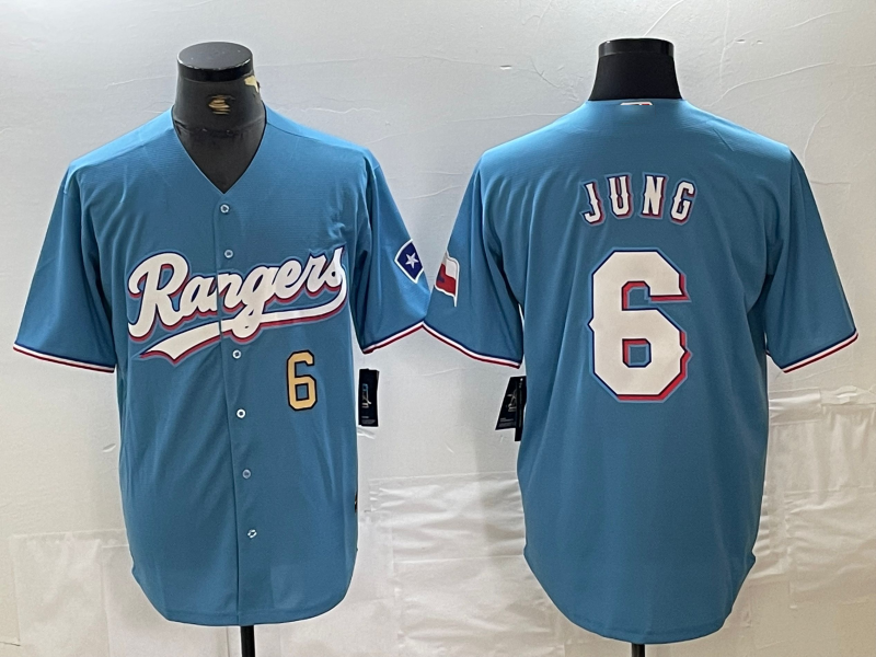 Texas Rangers #6 Josh Jung Number Light Blue Team Logo Cool Base Baseball Jersey baseball jersey product view 1