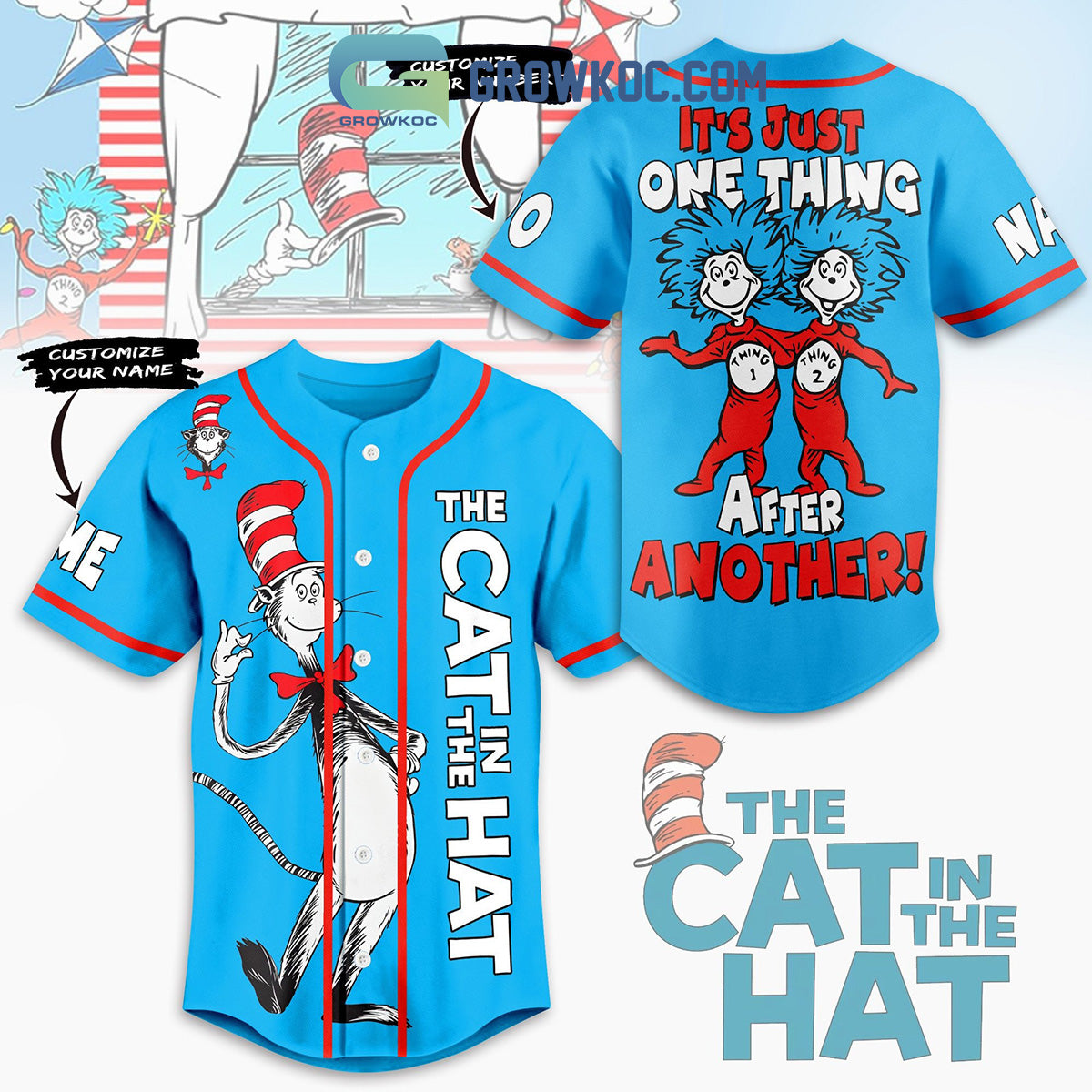 The Cat In The Hat Blue Design Personalized Baseball Jersey Unisex T-shirt, Sweatshirt, Hoodie, Long Sleeve Tee - T-Shirt, Sweatshirt, Hoodie