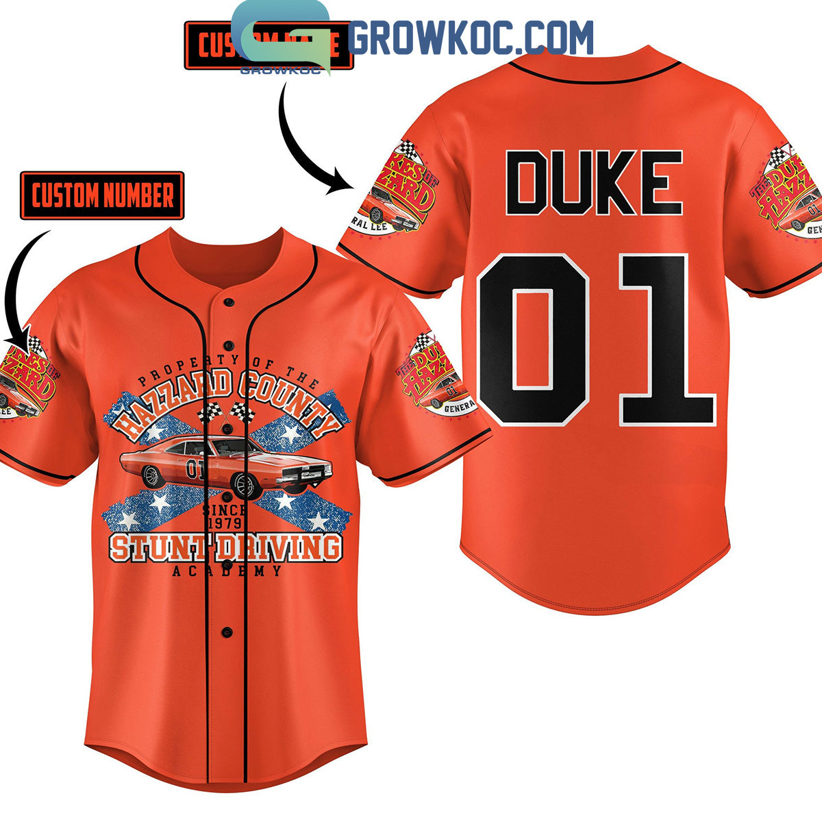 The Dukes Of Hazzard Stunt Driving Academy Orange Version Personalized Baseball Jersey Unisex T-shirt, Sweatshirt, Hoodie, Long Sleeve Tee - T-Shirt, Sweatshirt, Hoodie