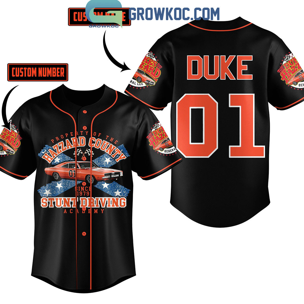 The Dukes Of Hazzard Stunt Driving Academy Personalized Baseball Jersey Black Design Unisex T-shirt, Sweatshirt, Hoodie, Long Sleeve Tee - T-Shirt, Sweatshirt, Hoodie