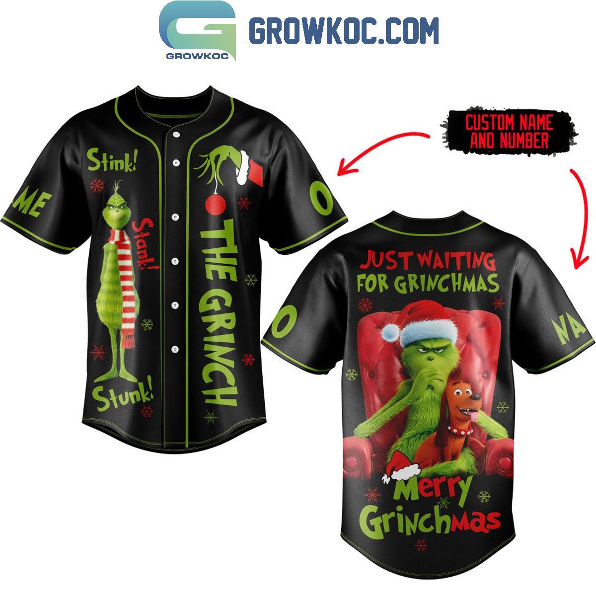 The Grinch Just Waiting For Grinchmas Merry Grinchmas 2024 Personalized Baseball Jersey Unisex T-shirt, Sweatshirt, Hoodie, Long Sleeve Tee - T-Shirt, Sweatshirt, Hoodie
