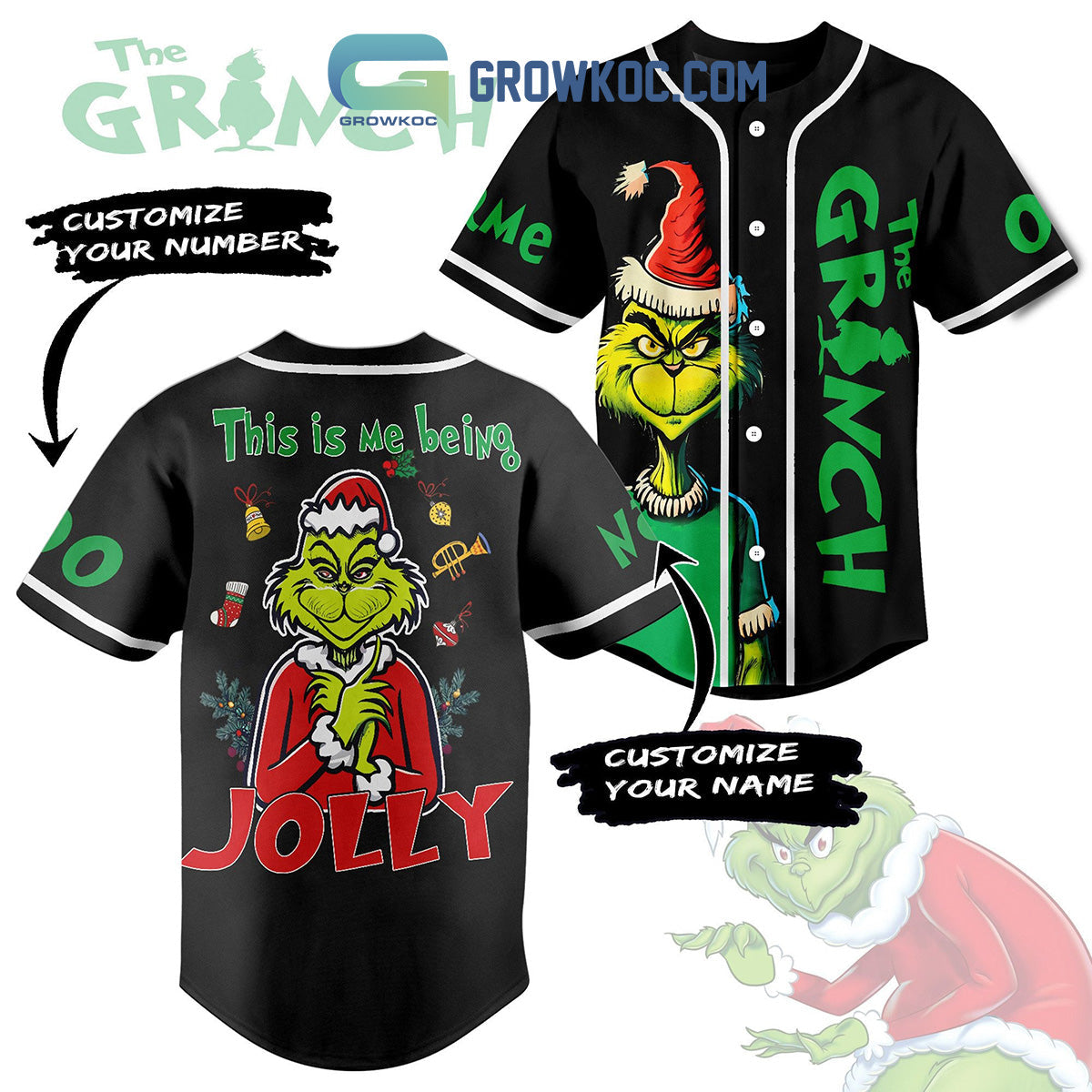 The Grinch This Is My Being Jolly Personalized Baseball Jersey Unisex T-shirt, Sweatshirt, Hoodie, Long Sleeve Tee - T-Shirt, Sweatshirt, Hoodie