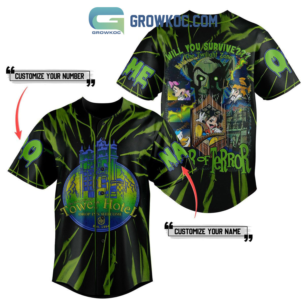 The Hollywood Tower Hotel Drop Ins Welcome Personalized Baseball Jersey Unisex T-shirt, Sweatshirt, Hoodie, Long Sleeve Tee - T-Shirt, Sweatshirt, Hoodie