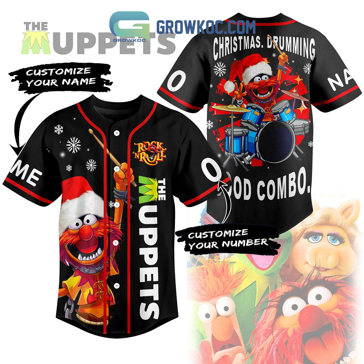 The Muppets Rock N Roll Christmas Drumming Personalized Baseball Jersey Unisex T-shirt, Sweatshirt, Hoodie, Long Sleeve Tee - T-Shirt, Sweatshirt, Hoodie