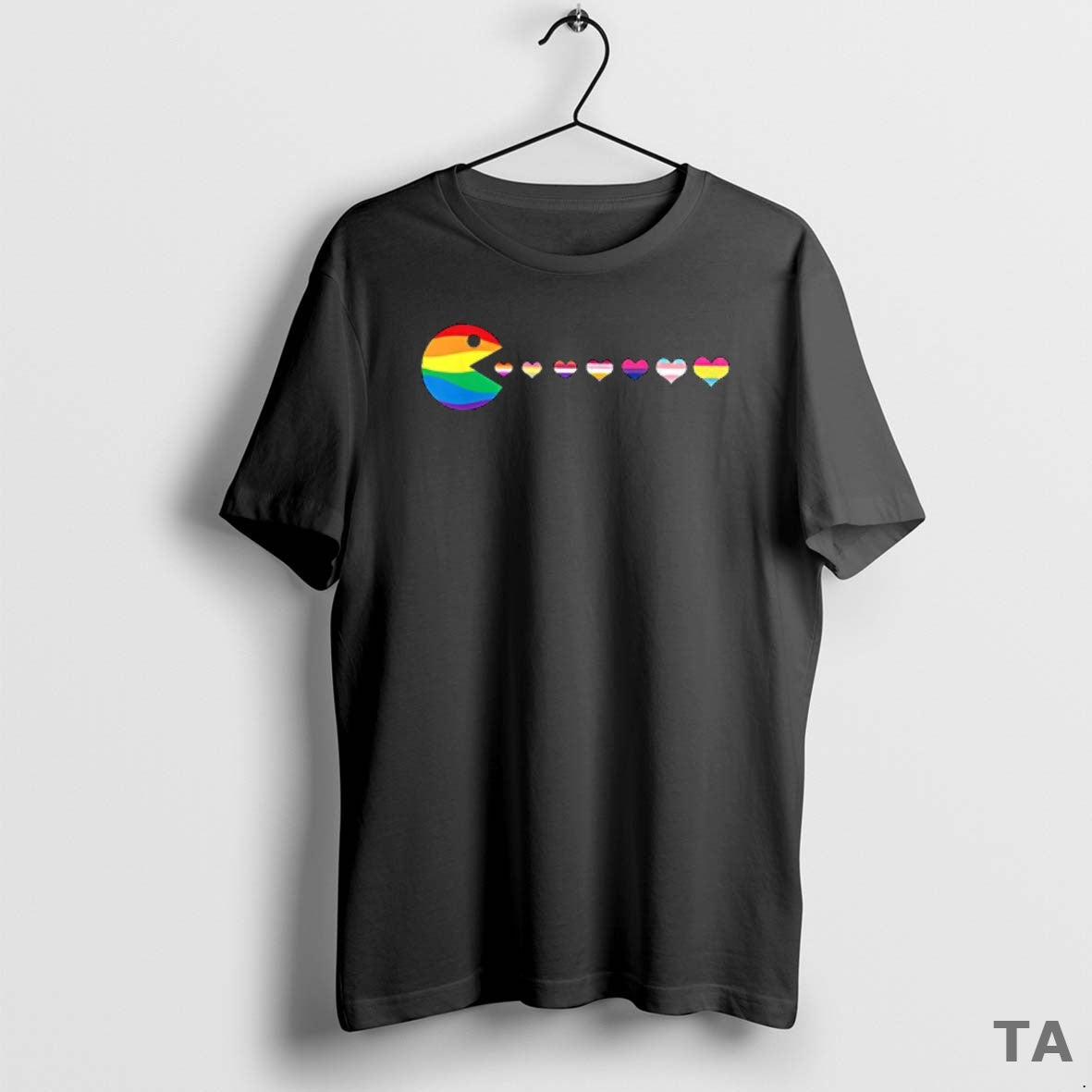 Top Pacman Pride Flags Heart Gay Parody Classic Video Game T-Shirts, Hoodie, Sweatshirt - T-Shirt, Sweatshirt, Hoodie