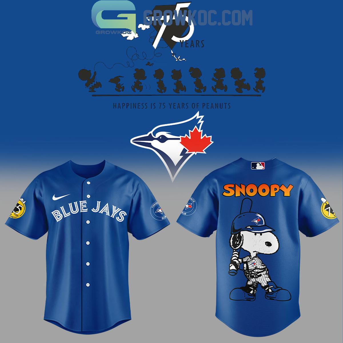 Toronto Blue Jays Happiness Is 75 Years Of Peanuts Baseball Jersey Unisex T-shirt, Sweatshirt, Hoodie, Long Sleeve Tee - T-Shirt, Sweatshirt, Hoodie