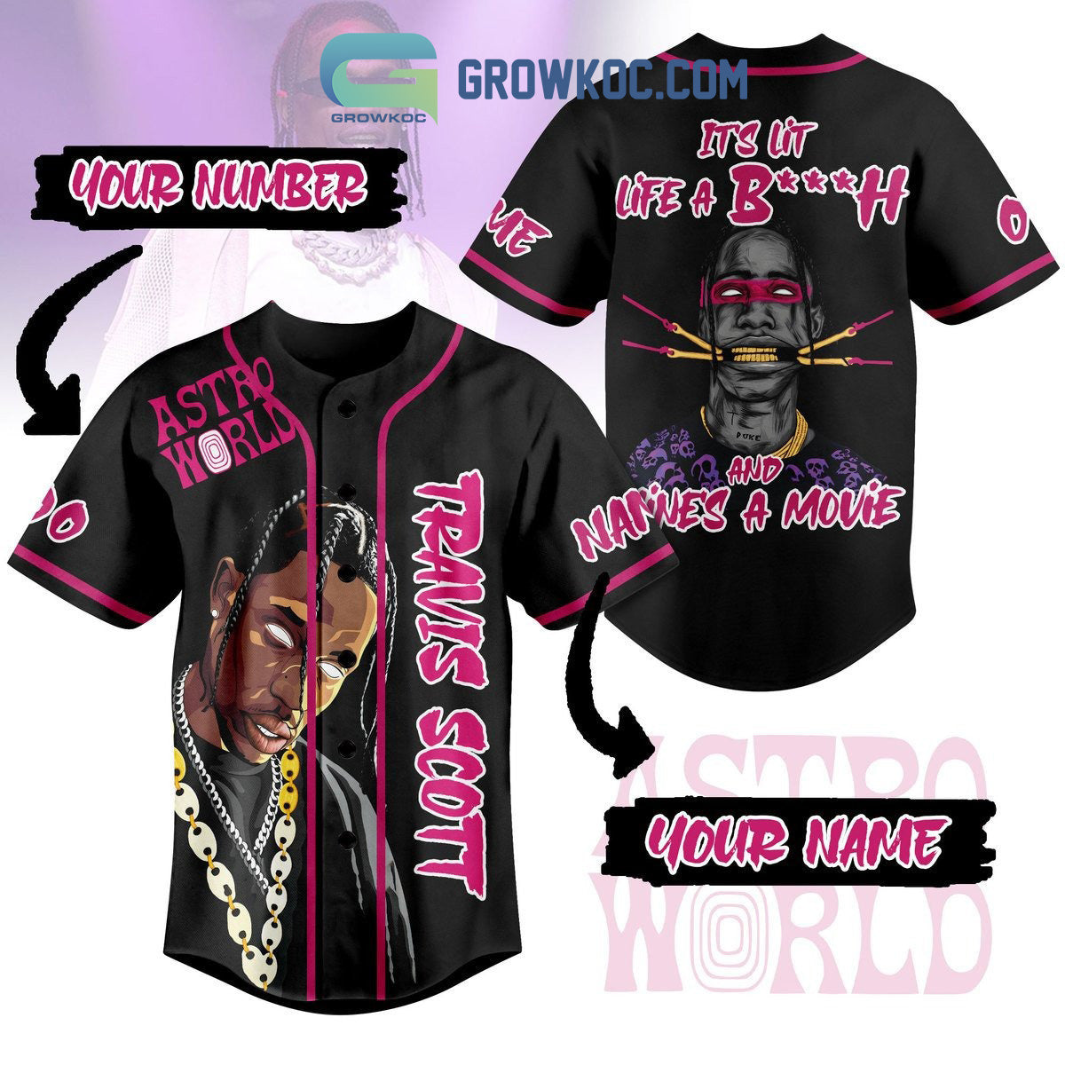 Travis Scott Astro World Its Lit Life A Btch And Mine_s A Movies Custom Baseball Jersey Unisex T-shirt, Sweatshirt, Hoodie, Long Sleeve Tee - T-Shirt, Sweatshirt, Hoodie
