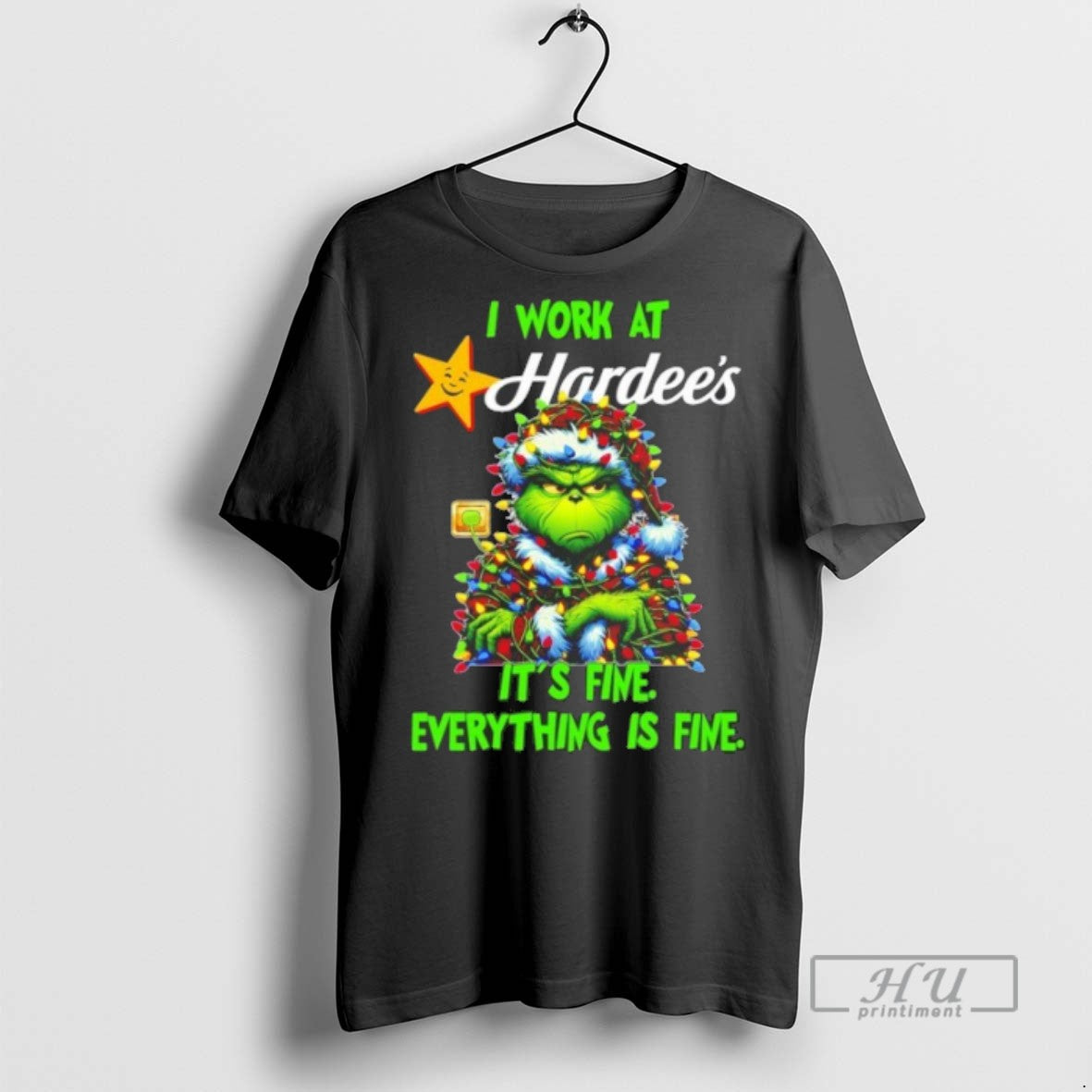 Trending Officials Grinch Santa I Work Hardees Fine Everything Is Fine Lights T-Shirts, Hoodie, Sweatshirt - T-Shirt, Sweatshirt, Hoodie