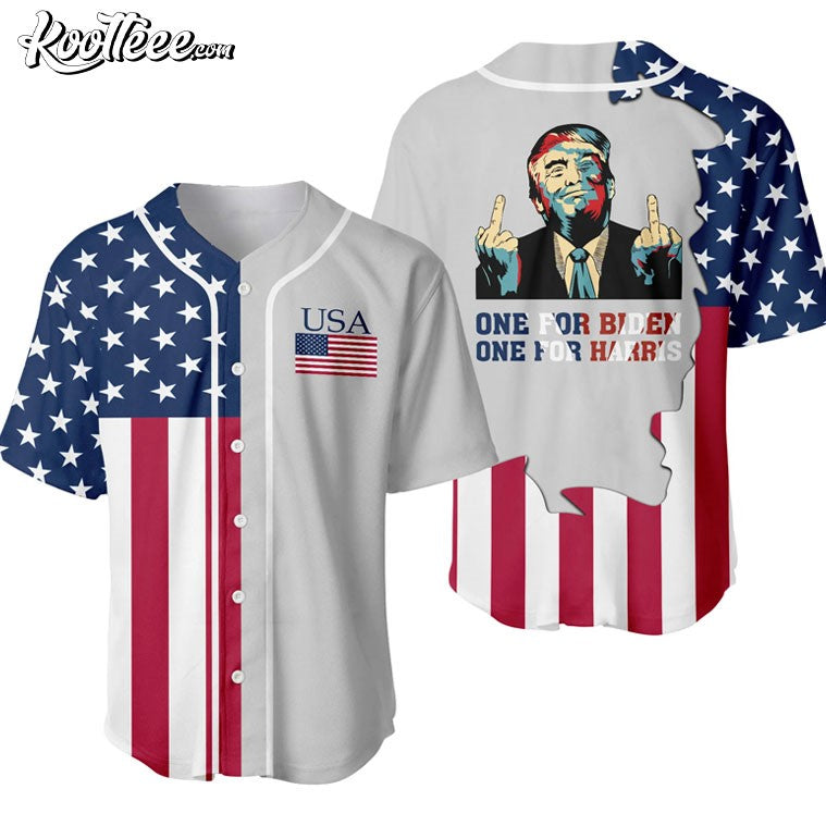 Trump Middle Finger One For Biden One For Harris Baseball Jersey Unisex T-shirt, Sweatshirt, Hoodie, Long Sleeve Tee - T-Shirt, Sweatshirt, Hoodie