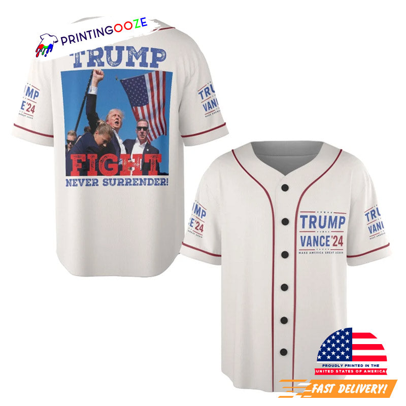 Trump Vance 24 Trump Fight Never Surender Election Baseball Jersey Unisex T-shirt, Sweatshirt, Hoodie, Long Sleeve Tee - T-Shirt, Sweatshirt, Hoodie