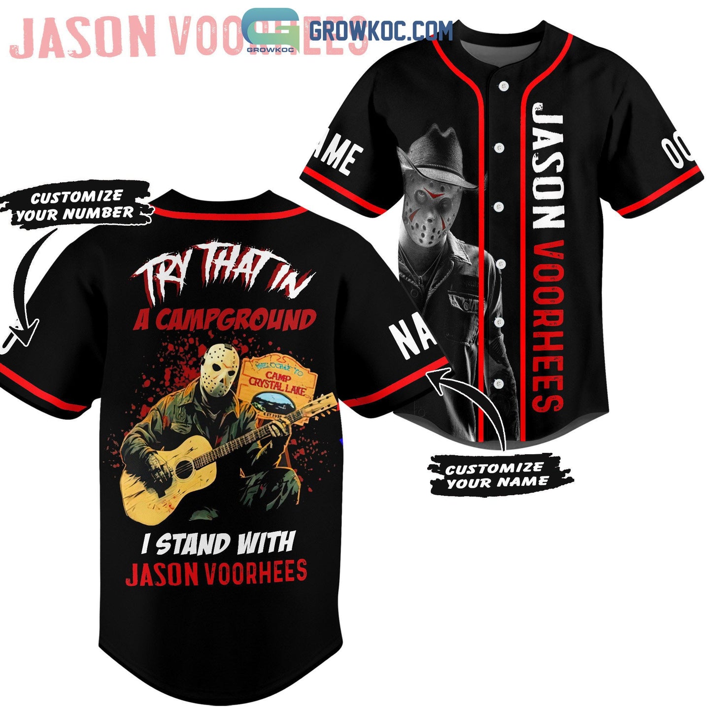 Try That In A Campground I Stand With Jason Voorhees Personalized Baseball Jersey Unisex T-shirt, Sweatshirt, Hoodie, Long Sleeve Tee - T-Shirt, Sweatshirt, Hoodie