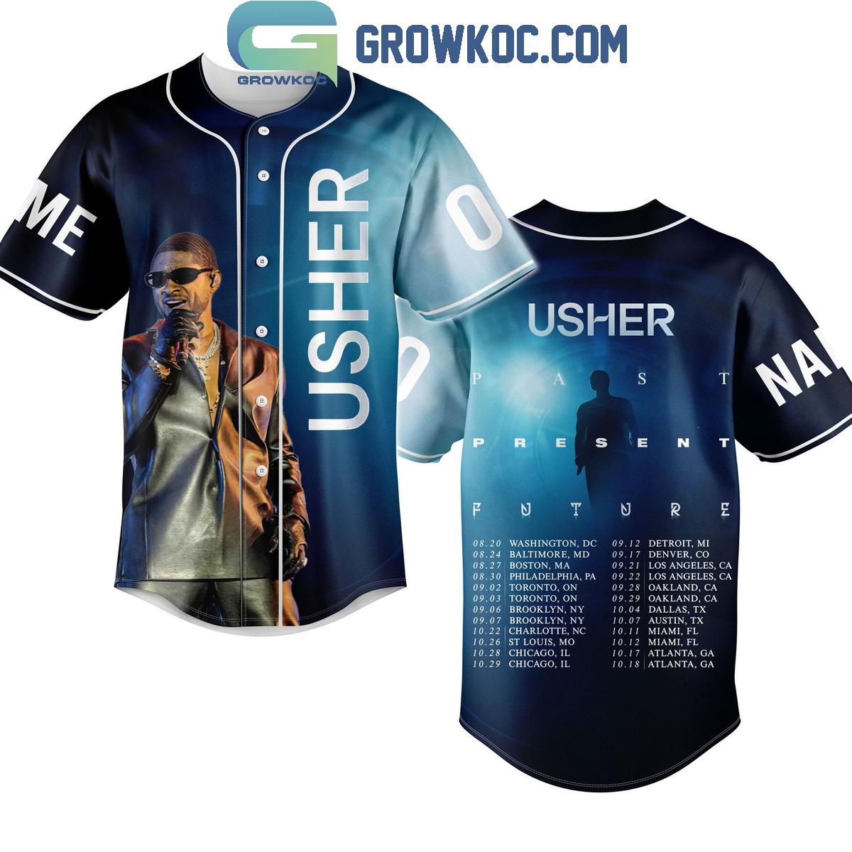 Usher 2024 Pas Present Future Tour Personalized Baseball Jersey Unisex T-shirt, Sweatshirt, Hoodie, Long Sleeve Tee - T-Shirt, Sweatshirt, Hoodie