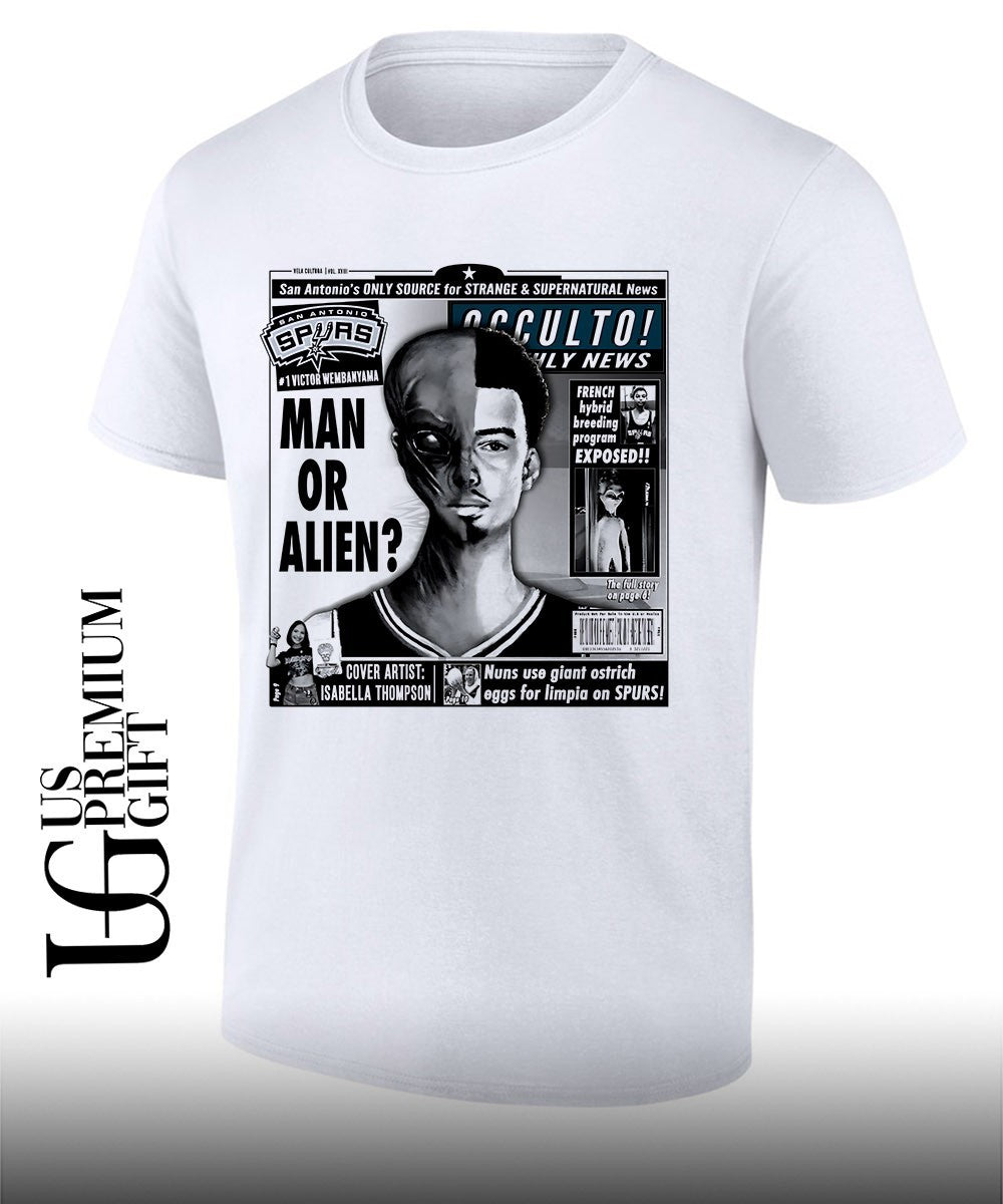 Victor Wembanyama San Antonio Spurs Occulto Weekly News Man or Alien shirt Unisex T-shirt, Sweatshirt, Hoodie, Long Sleeve Tee - T-Shirt, Sweatshirt, Hoodie